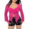 imageOYOANGLE Womens Plus Size Lettuce Trim Tie Front Split Hem Top Sweetheart Neck Long Sleeve Mesh Tee ShirtHot Pink