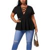 imageOYOANGLE Womens Plus Size Mesh Short Sleeve Criss Cross Front Plunging Neck Peplum BlouseBlack
