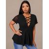imageOYOANGLE Womens Plus Size Mesh Short Sleeve Criss Cross Front Plunging Neck Peplum BlouseBlack