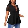 imageOYOANGLE Womens Plus Size Mesh Short Sleeve Criss Cross Front Plunging Neck Peplum BlouseBlack