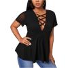 imageOYOANGLE Womens Plus Size Mesh Short Sleeve Criss Cross Front Plunging Neck Peplum BlouseBlack