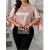 imageOYOANGLE Womens Plus Size Metallic Crew Neck Blouses Ruffle 34 Sleeve Loose Casual Shirts
