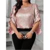 imageOYOANGLE Womens Plus Size Metallic Crew Neck Blouses Ruffle 34 Sleeve Loose Casual Shirts