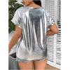 imageOYOANGLE Womens Plus Size Metallic Short Sleeve TShirts Crew Neck Tees Party Clubwear TopsSilver