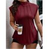 imageOYOANGLE Womens Plus Size Mock Neck Cap Sleeve TShirts Pleated Tee Shirt Summer TopsBurgundy