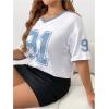 imageOYOANGLE Womens Plus Size Number Print Jersey Shirts V Neck Short Sleeve Loose Casual Tee TopsWhite