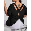 imageOYOANGLE Womens Plus Size Open Back Workout Tops Short Sleeve Criss Cross TShirts Athletic Gym Tee TopBlack