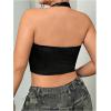 imageOYOANGLE Womens Plus Size Ribbed Knit Criss Cross Backless Halter Tops Sleeveless Fitted Crop Top ClubwearBlack