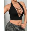 imageOYOANGLE Womens Plus Size Ribbed Knit Criss Cross Backless Halter Tops Sleeveless Fitted Crop Top ClubwearBlack