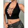 imageOYOANGLE Womens Plus Size Ribbed Knit Criss Cross Backless Halter Tops Sleeveless Fitted Crop Top ClubwearBlack