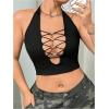 imageOYOANGLE Womens Plus Size Ribbed Knit Criss Cross Backless Halter Tops Sleeveless Fitted Crop Top ClubwearBlack