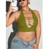 imageOYOANGLE Womens Plus Size Ribbed Knit Criss Cross Backless Halter Tops Sleeveless Fitted Crop Top ClubwearGreen