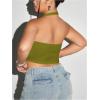 imageOYOANGLE Womens Plus Size Ribbed Knit Criss Cross Backless Halter Tops Sleeveless Fitted Crop Top ClubwearGreen