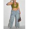 imageOYOANGLE Womens Plus Size Ribbed Knit Criss Cross Backless Halter Tops Sleeveless Fitted Crop Top ClubwearGreen