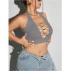 imageOYOANGLE Womens Plus Size Ribbed Knit Criss Cross Backless Halter Tops Sleeveless Fitted Crop Top ClubwearGrey