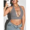 imageOYOANGLE Womens Plus Size Ribbed Knit Criss Cross Backless Halter Tops Sleeveless Fitted Crop Top ClubwearGrey