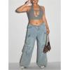 imageOYOANGLE Womens Plus Size Ribbed Knit Criss Cross Backless Halter Tops Sleeveless Fitted Crop Top ClubwearGrey