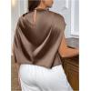 imageOYOANGLE Womens Plus Size Satin Ruched Blouses Mock Neck Cap Sleeve Loose Elegant Shirts Work Office TopsBrown