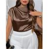 imageOYOANGLE Womens Plus Size Satin Ruched Blouses Mock Neck Cap Sleeve Loose Elegant Shirts Work Office TopsBrown