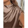 imageOYOANGLE Womens Plus Size Satin Ruched Blouses Mock Neck Cap Sleeve Loose Elegant Shirts Work Office TopsBrown