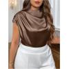 imageOYOANGLE Womens Plus Size Satin Ruched Blouses Mock Neck Cap Sleeve Loose Elegant Shirts Work Office TopsBrown