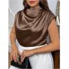 imageOYOANGLE Womens Plus Size Satin Ruched Blouses Mock Neck Cap Sleeve Loose Elegant Shirts Work Office TopsBrown