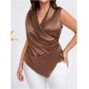 imageOYOANGLE Womens Plus Size Satin Wrap V Neck Sleeveless Blouse Asymmetrical Hem Elegant Work Office Tank TopsBrown