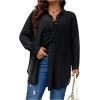 imageOYOANGLE Womens Plus Size Sheer See Through Button Down Long Sleeve Collared Neck Shirt Blouse TopBlack