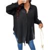 imageOYOANGLE Womens Plus Size Sheer See Through Button Down Long Sleeve Collared Neck Shirt Blouse TopBlack