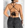 imageOYOANGLE Womens Plus Size Star Criss Cross Crop Cami Top Y2K Tie Backless Camisole Rave TopsBlack