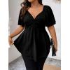 imageOYOANGLE Womens Plus Size Twist Front Short Sleeve Sweetheart Neck Asymmetrical Hem Blouses Solid Peplum TopsBlack