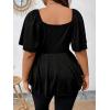 imageOYOANGLE Womens Plus Size Twist Front Short Sleeve Sweetheart Neck Asymmetrical Hem Blouses Solid Peplum TopsBlack