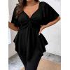 imageOYOANGLE Womens Plus Size Twist Front Short Sleeve Sweetheart Neck Asymmetrical Hem Blouses Solid Peplum TopsBlack