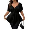 imageOYOANGLE Womens Plus Size Twist Front Short Sleeve Sweetheart Neck Asymmetrical Hem Blouses Solid Peplum TopsBlack
