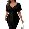 imageOYOANGLE Womens Plus Size Twist Front Short Sleeve Sweetheart Neck Asymmetrical Hem Blouses Solid Peplum TopsBlack