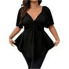 imageOYOANGLE Womens Plus Size Twist Front Short Sleeve Sweetheart Neck Asymmetrical Hem Blouses Solid Peplum TopsBlack