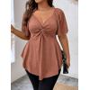 imageOYOANGLE Womens Plus Size Twist Front Short Sleeve Sweetheart Neck Asymmetrical Hem Blouses Solid Peplum TopsBrown