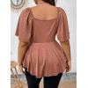 imageOYOANGLE Womens Plus Size Twist Front Short Sleeve Sweetheart Neck Asymmetrical Hem Blouses Solid Peplum TopsBrown