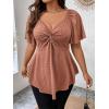 imageOYOANGLE Womens Plus Size Twist Front Short Sleeve Sweetheart Neck Asymmetrical Hem Blouses Solid Peplum TopsBrown