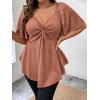 imageOYOANGLE Womens Plus Size Twist Front Short Sleeve Sweetheart Neck Asymmetrical Hem Blouses Solid Peplum TopsBrown