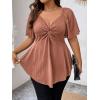 imageOYOANGLE Womens Plus Size Twist Front Short Sleeve Sweetheart Neck Asymmetrical Hem Blouses Solid Peplum TopsBrown