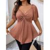 imageOYOANGLE Womens Plus Size Twist Front Short Sleeve Sweetheart Neck Asymmetrical Hem Blouses Solid Peplum TopsBrown