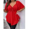 imageOYOANGLE Womens Plus Size Twist Front Short Sleeve Sweetheart Neck Asymmetrical Hem Blouses Solid Peplum TopsRed
