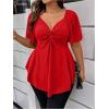imageOYOANGLE Womens Plus Size Twist Front Short Sleeve Sweetheart Neck Asymmetrical Hem Blouses Solid Peplum TopsRed