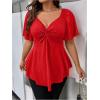 imageOYOANGLE Womens Plus Size Twist Front Short Sleeve Sweetheart Neck Asymmetrical Hem Blouses Solid Peplum TopsRed