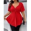 imageOYOANGLE Womens Plus Size Twist Front Short Sleeve Sweetheart Neck Asymmetrical Hem Blouses Solid Peplum TopsRed