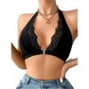 imageOYOANGLE Womens Lace Trim Front Closure Bralette Halter Neck Wireless Backless Knitted Casual Everyday BrasBlack