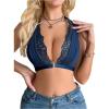 imageOYOANGLE Womens Lace Trim Front Closure Bralette Halter Neck Wireless Backless Knitted Casual Everyday BrasBlue