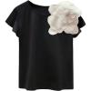 imageOYOANGLE Womens Plus Size 3D Floral Appliques Tee Shirts Crew Neck Ruffle Short Sleeve Solid Casual Shirt TopsBlack and White