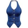 imageOYOANGLE Womens Plus Size Button Front Halter Denim Vest Tops Sleeveless Slit Hem Ruched Jean Tank TopBlue